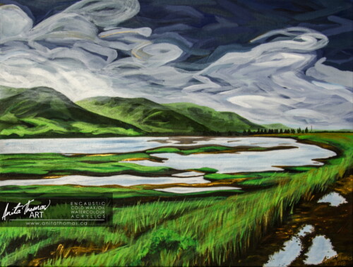Englishtown, Cape Breton Island, Nova Scotia
Mountains, mist and lush grasses will set you awash with spring.
Acrylic on canvas 
16 x 20 x 1.5"
Gallery wrap
Original available for purchase
$800
© Anita Thomas - Urbanmoon. All Rights Reserved. fine art acrylic landscape painting