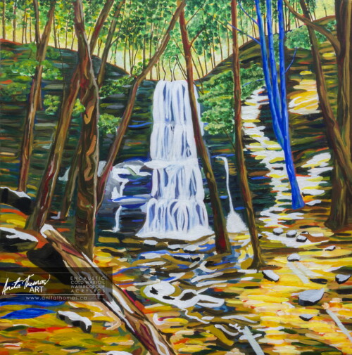Seeking Comfort at Sherman Falls
The beautiful waterfalls that is Sherman Falls in Hamilton, Ontario. These falls are located on private land, but the owners have graciously allowed for visitors to come share in their beauty.
Acrylic on canvas
24 " x 24"
Original - SOLD
$1000
© Anita Thomas - Urbanmoon. All Rights Reserved. fine art acrylic landscape painting